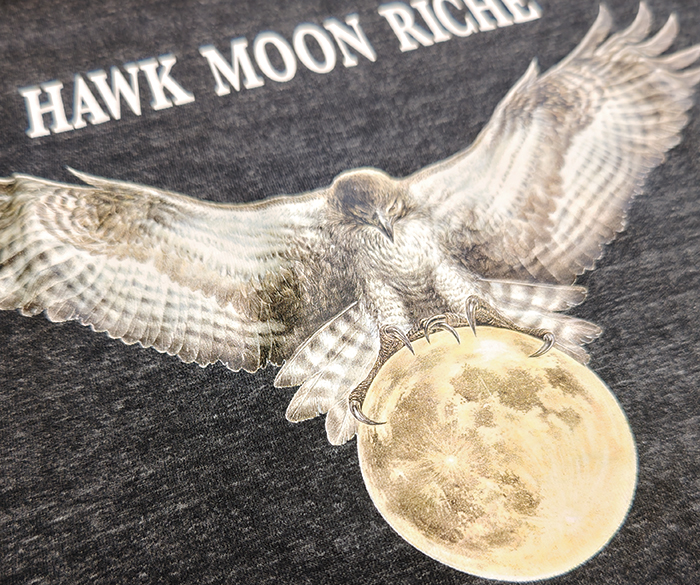 カラー分解技法で鷹が月をつかんでいる絵が印刷された黒っぽい服